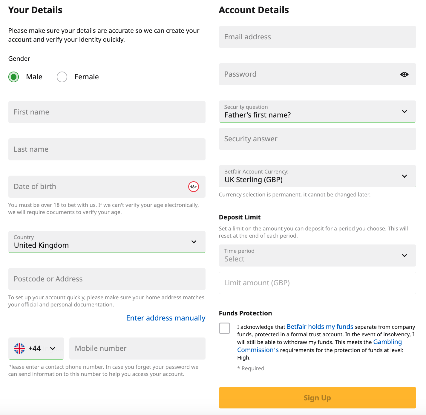 Betfair registration page, with fields for personal details, address, security details and deposit limit